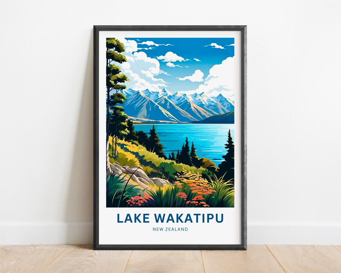 Lake Wakatipu New Zealand Rocky Shore Wildflowers Scene Poster