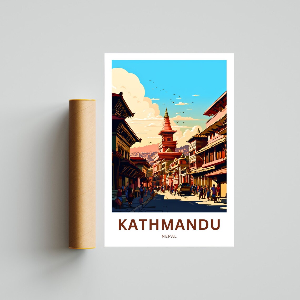 Kathmandu Nepal Old Town Temple Street Vintage Travel Poster - Image 4
