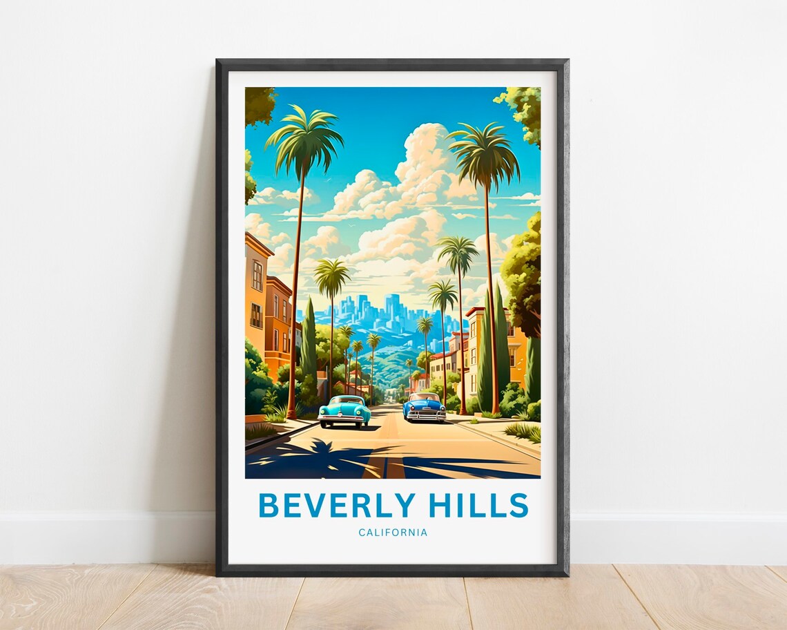 Beverly Hills Palm Street Classic Cars Skyline Vintage Travel Poster