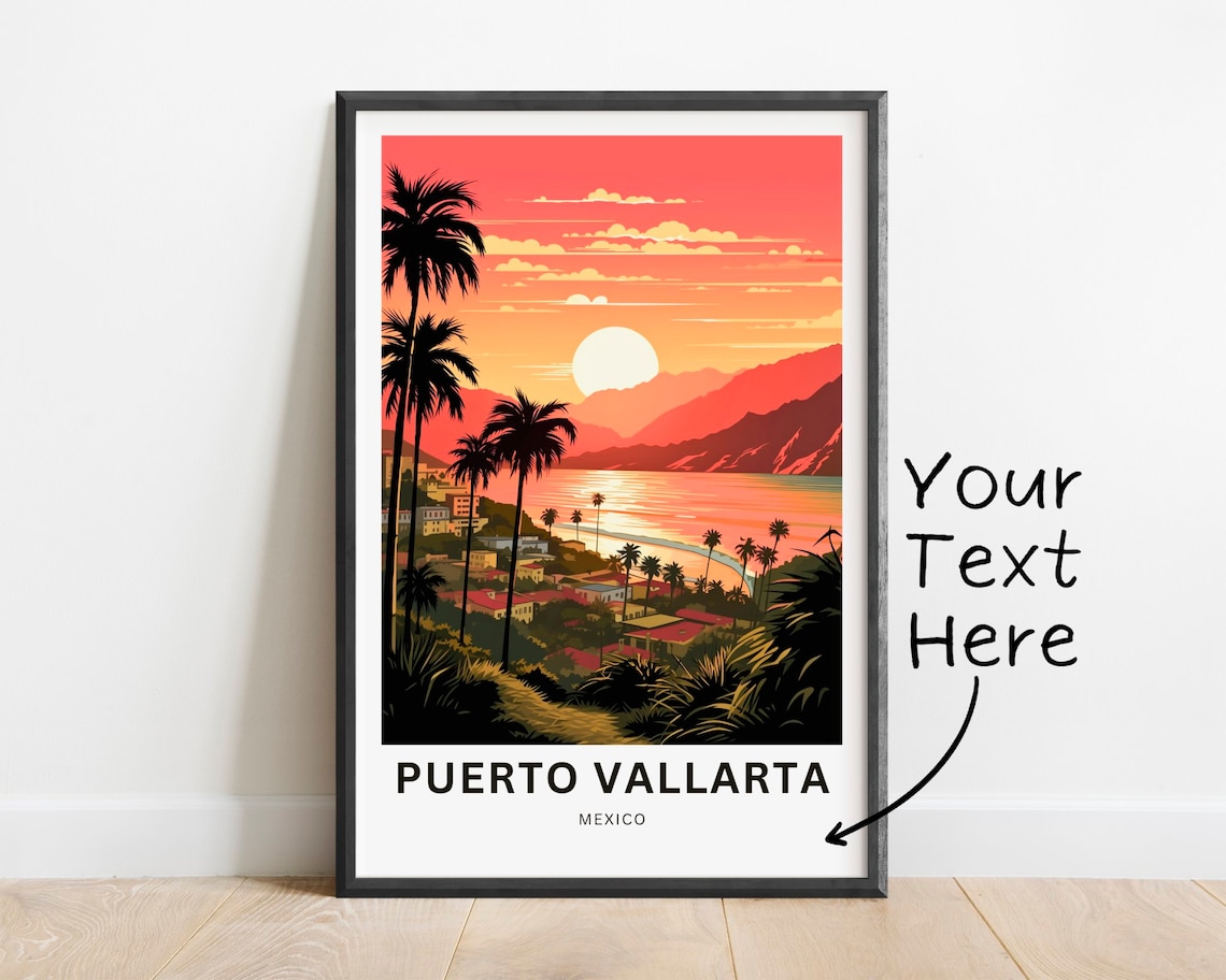 Personalized Puerto Vallarta Mexico Travel Poster Sunset Palms Bay