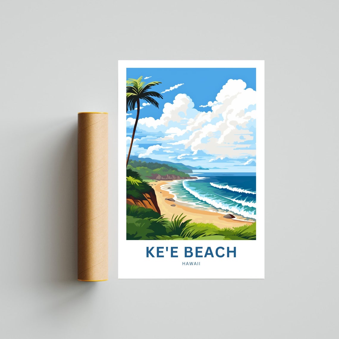 Ke'e Beach Hawaii Golden Sand Surf Palm Tree Tropical Travel Poster - Image 4