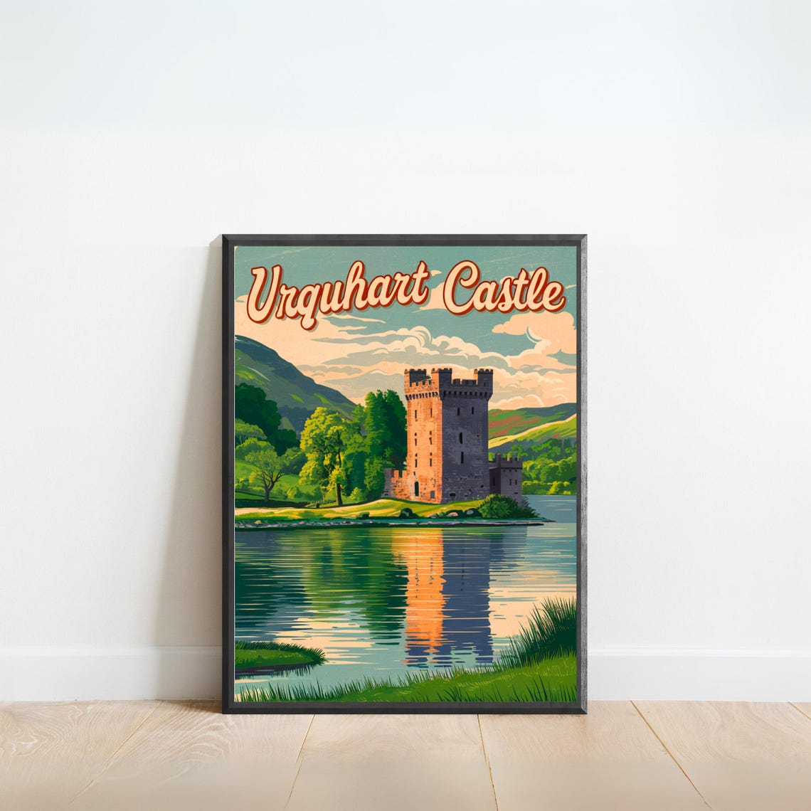 Urquhart Castle Scotland Travel Poster Lochside Ruins Reflection View