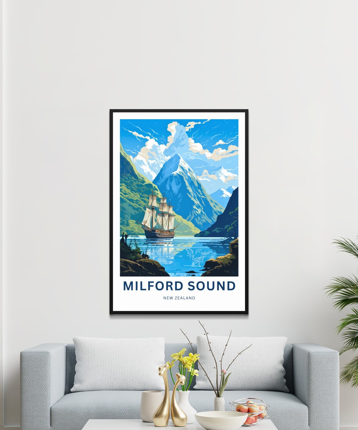 Milford Sound New Zealand Tall Ship Green Hills Mountain Travel Poster - Image 3