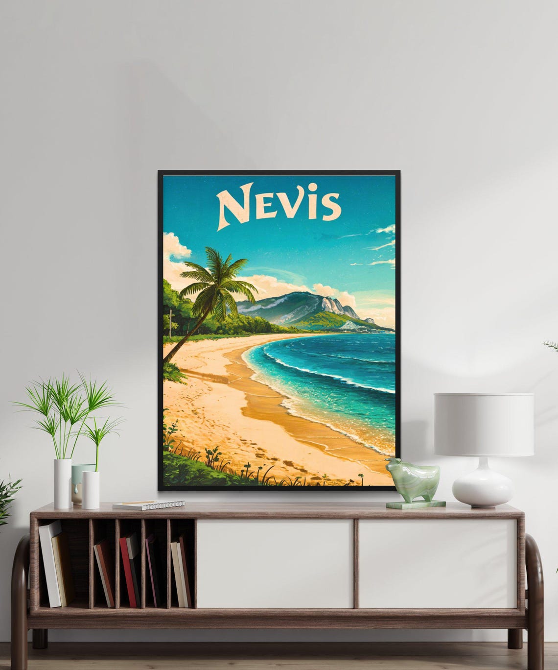 Vintage Nevis Caribbean Curved Beach Palm Tree Travel Poster - Image 2
