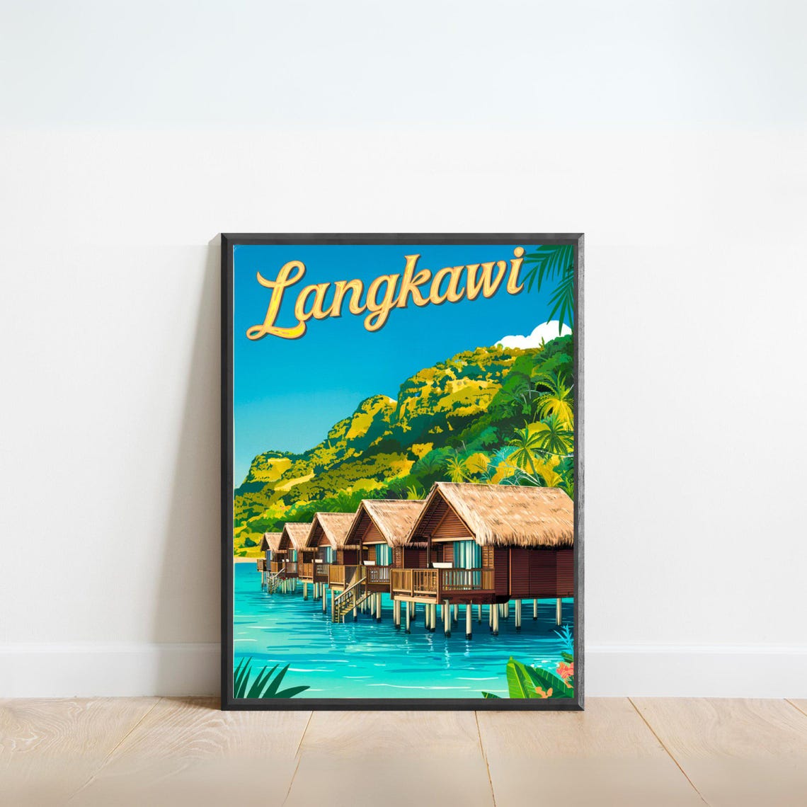 Langkawi Malaysia Retro Tropical Beach Poster With Wooden Pier Scene