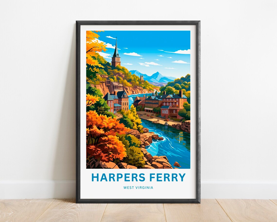 Harpers Ferry West Virginia River Town Autumn Church Travel Poster