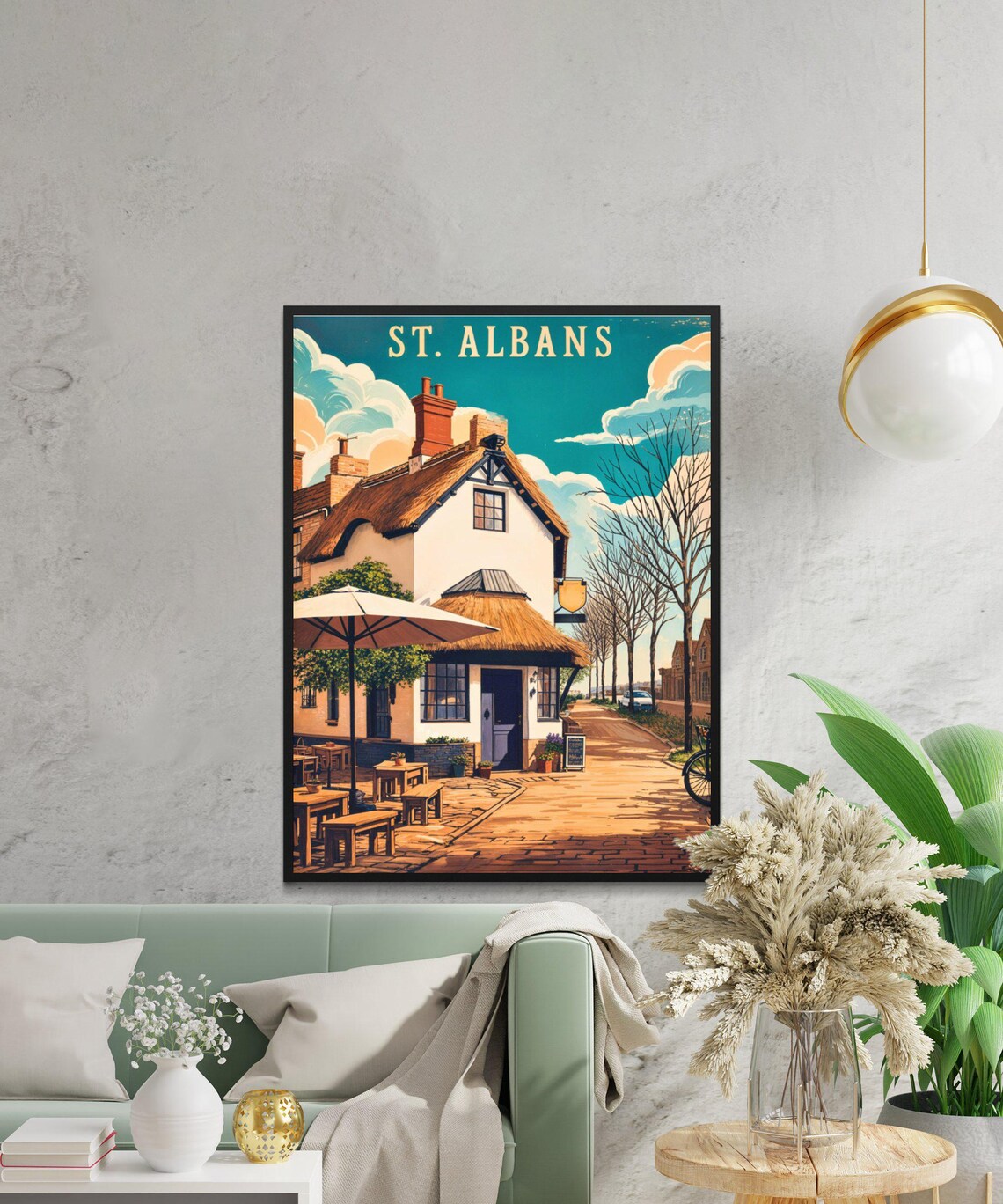 St Albans Thatched Roof Pub Cottage Vintage English Travel Poster - Image 2