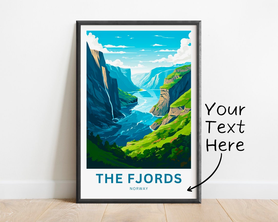 The Fjords Norway Custom Text Blue Fjord Waterfall Cliff Travel Poster
