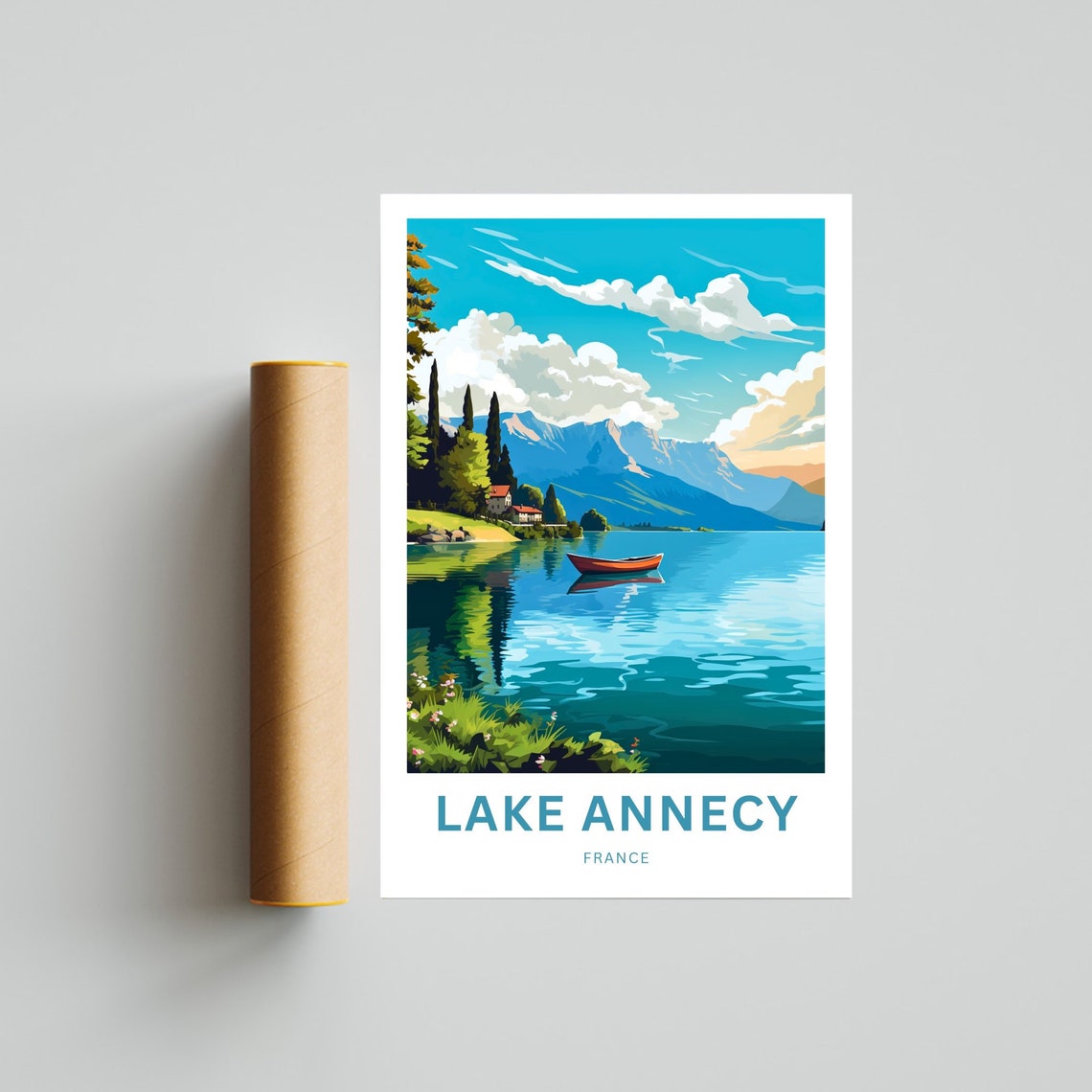 Lake Annecy France Red Rowboat on a Turquoise Alpine Lake Poster - Image 4