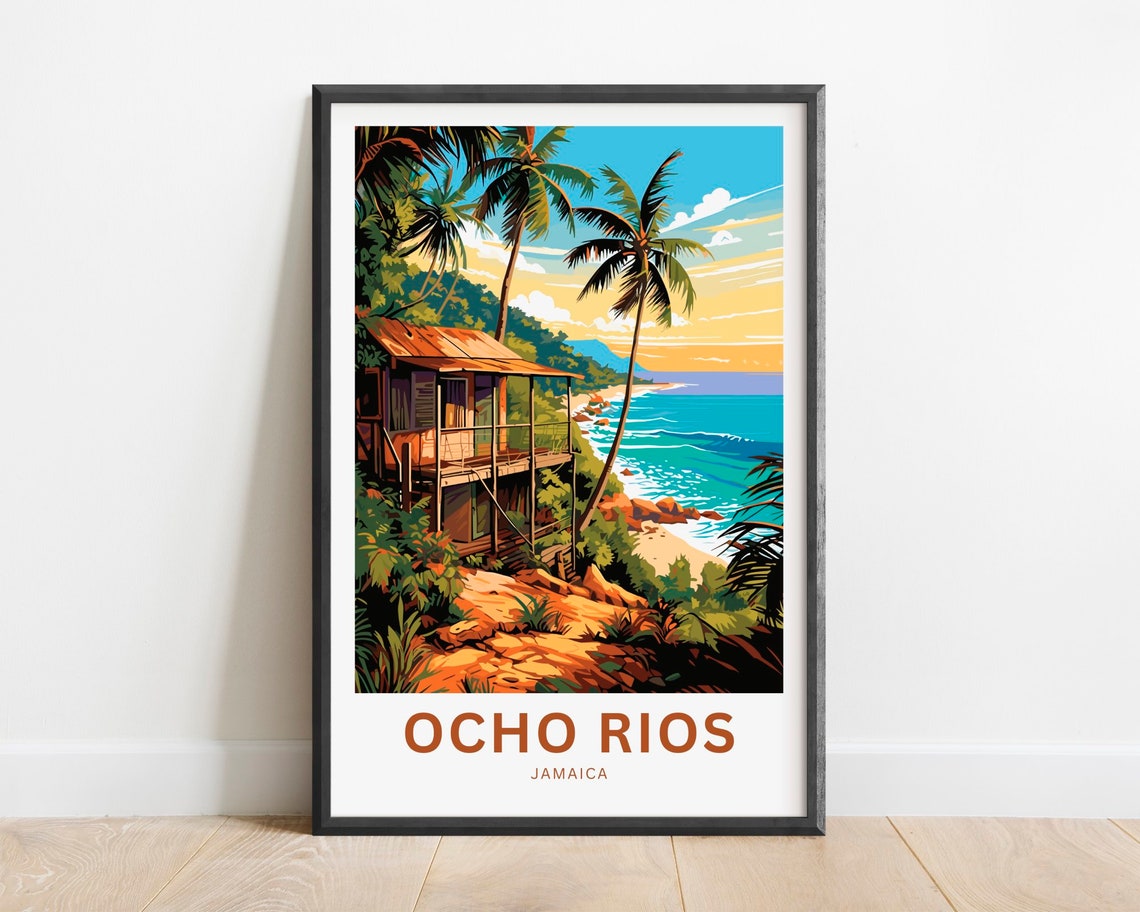 Ocho Rios Jamaica Cliffside Beach Hut Sunset Ocean Travel Poster
