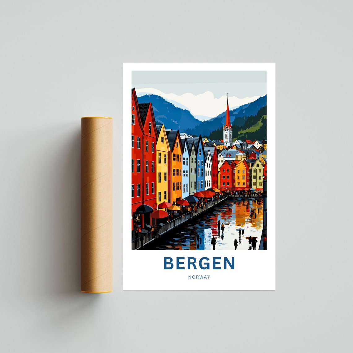 Personalized Bergen Norway Rainy Wharf Promenade Umbrella Poster - Image 4