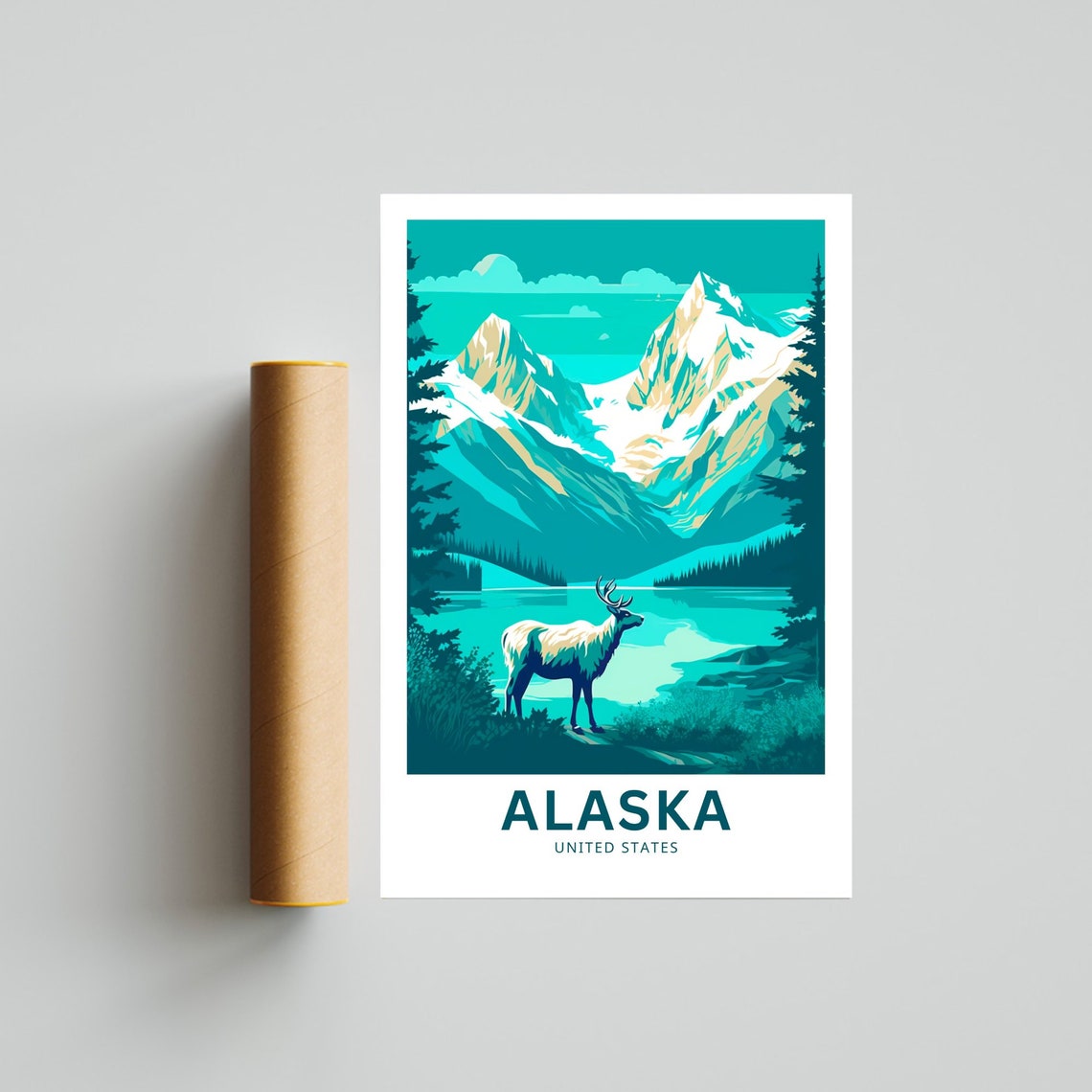 Personalized Alaska Elk Mountain Lake Illustrated Travel Poster - Image 4