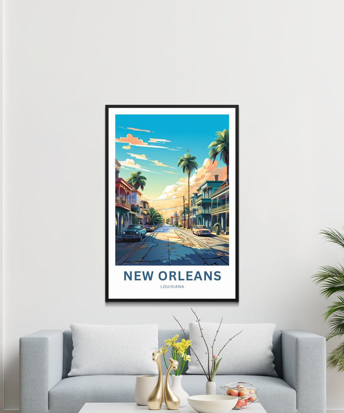 New Orleans Louisiana Palm Tree Street Vintage Cars Sunset Poster - Image 2