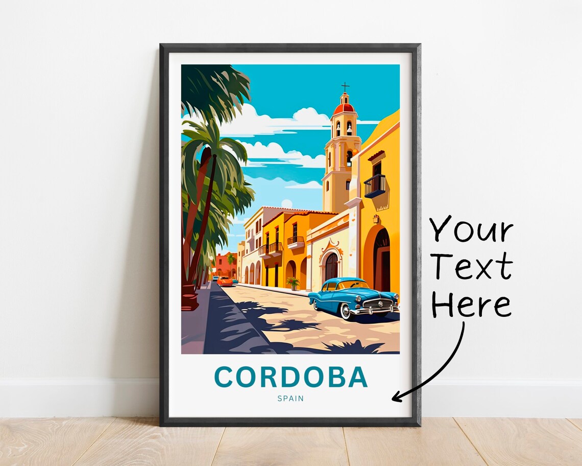Cordoba Spain Church Street Blue Classic Car Custom Travel Poster