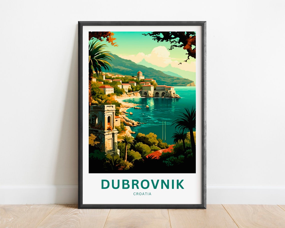 Dubrovnik Croatia Red Roof Coastal Town Turquoise Bay Travel Poster