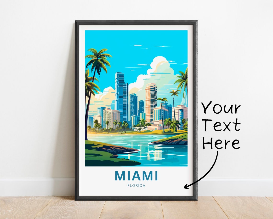 Personalized Miami Florida Skyline Palm Trees Bayfront Travel Poster