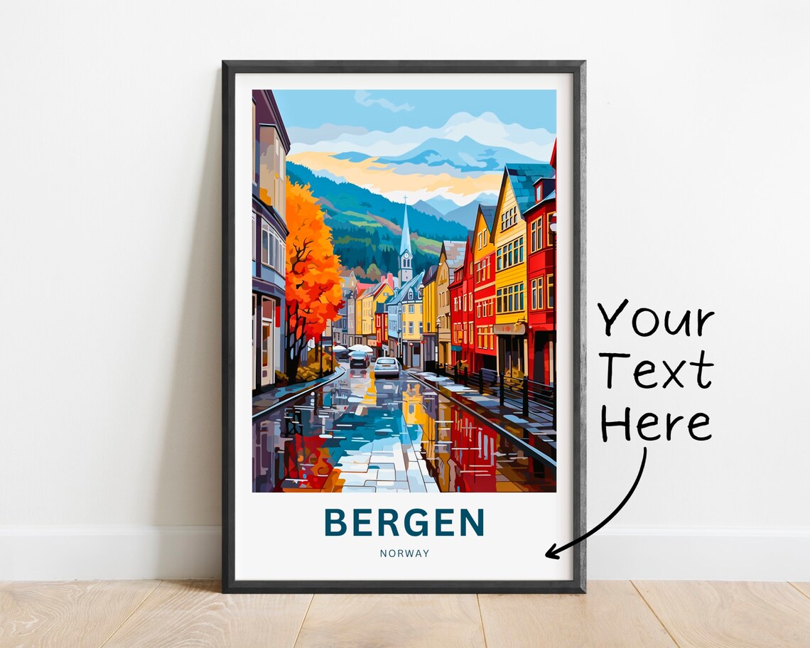 Personalized Bergen Norway Golden Autumn Rainy Street Scene Poster