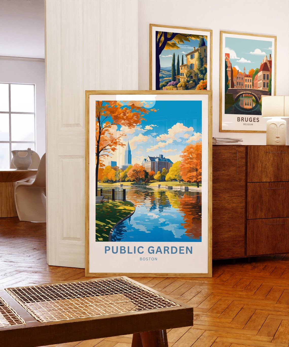 Boston Public Garden Pond Bench Autumn Skyline Reflection Poster - Image 5