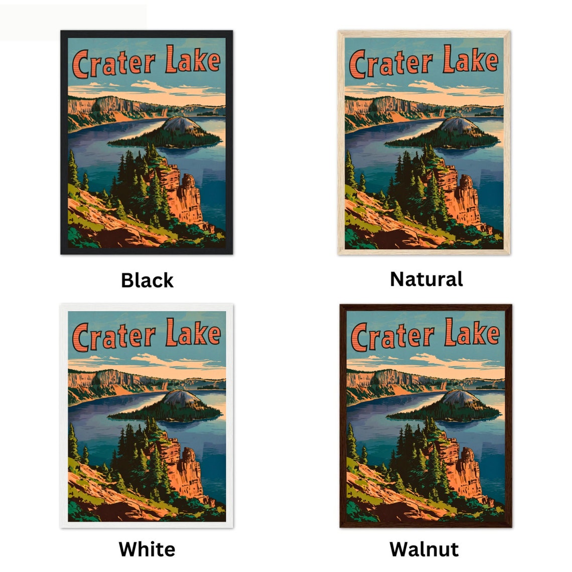 Crater Lake Oregon Vintage Travel Wizard Island Cliff Scene Poster