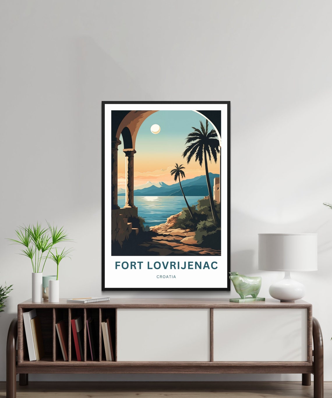 Fort Lovrijenac Croatia Moonlit Palm Terrace Sunset Travel Poster - Image 2
