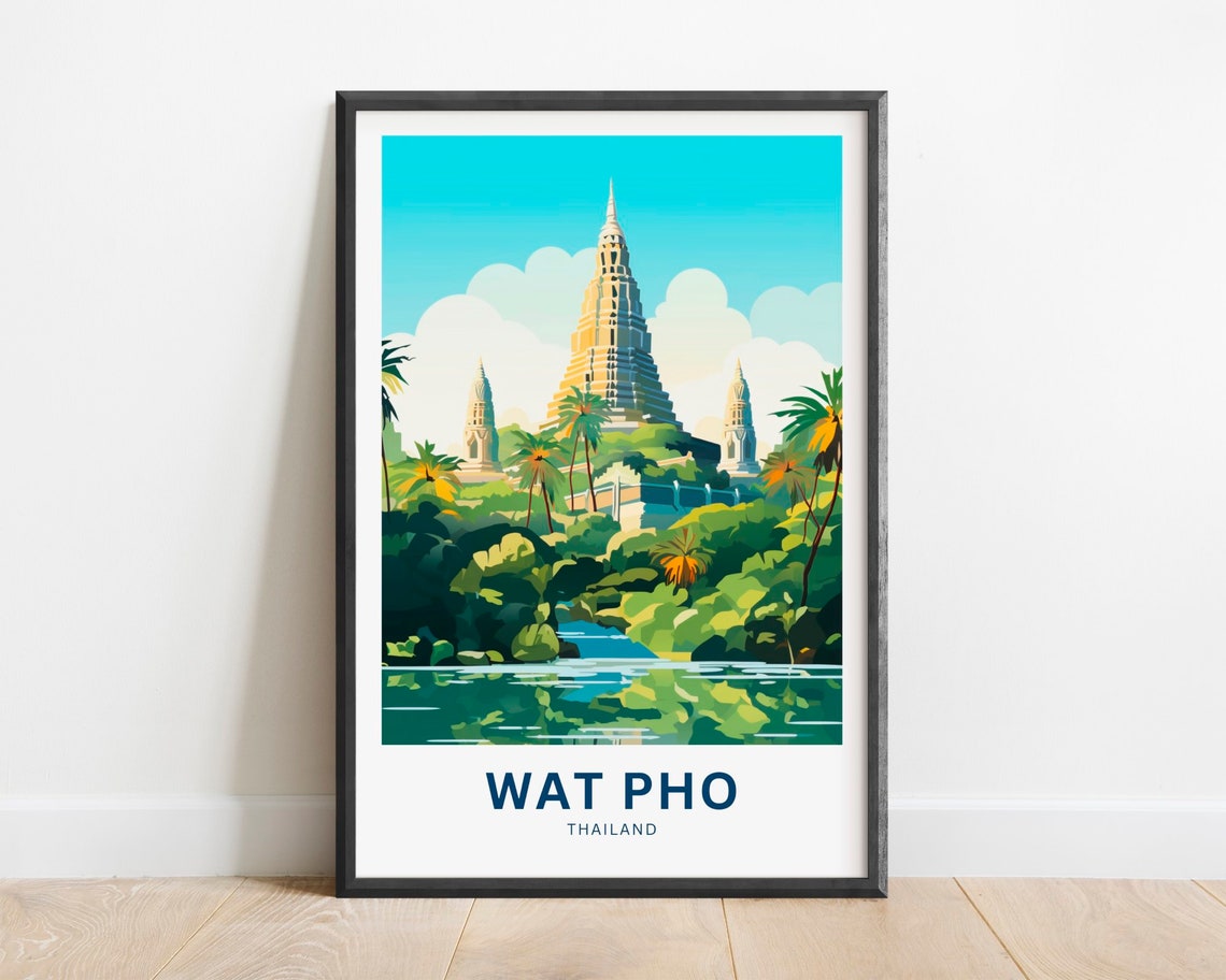 Golden Wat Pho Thailand Temple River Palms Vintage Travel Poster