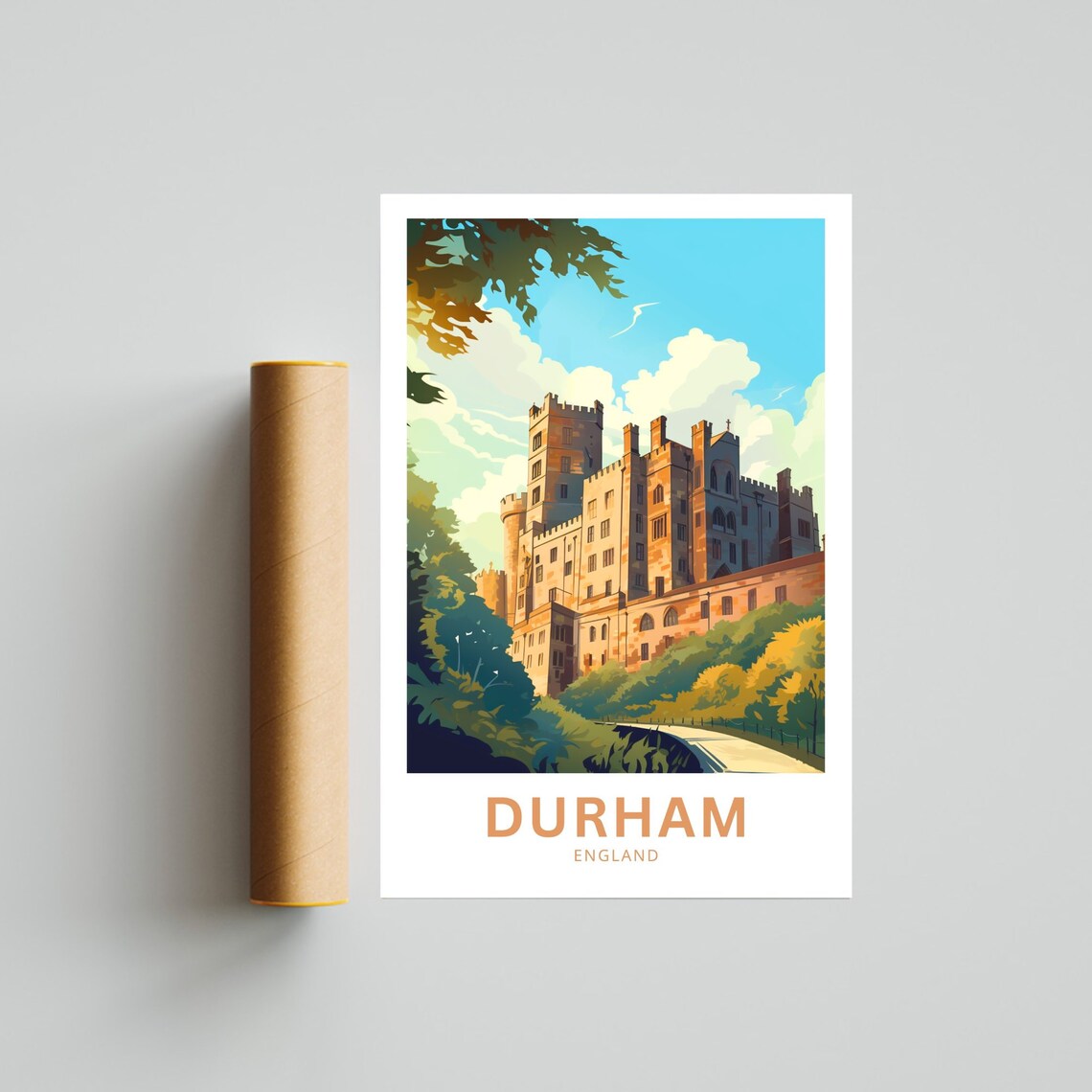 Durham England Historic Castle Above Green Woodland Retro Poster - Image 4