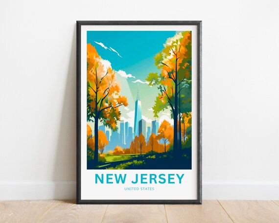 New Jersey United States Travel Poster Skyline Through Autumn Trees