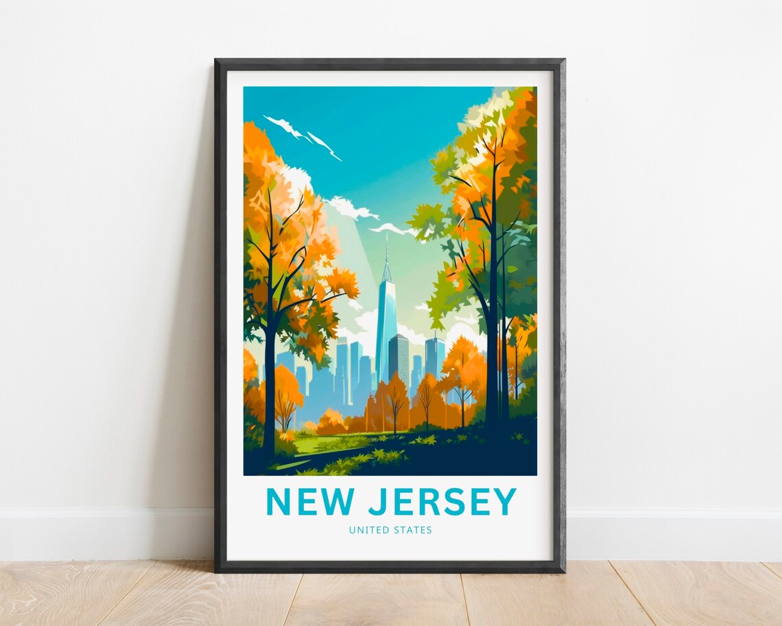 New Jersey United States Travel Poster Skyline Through Autumn Trees