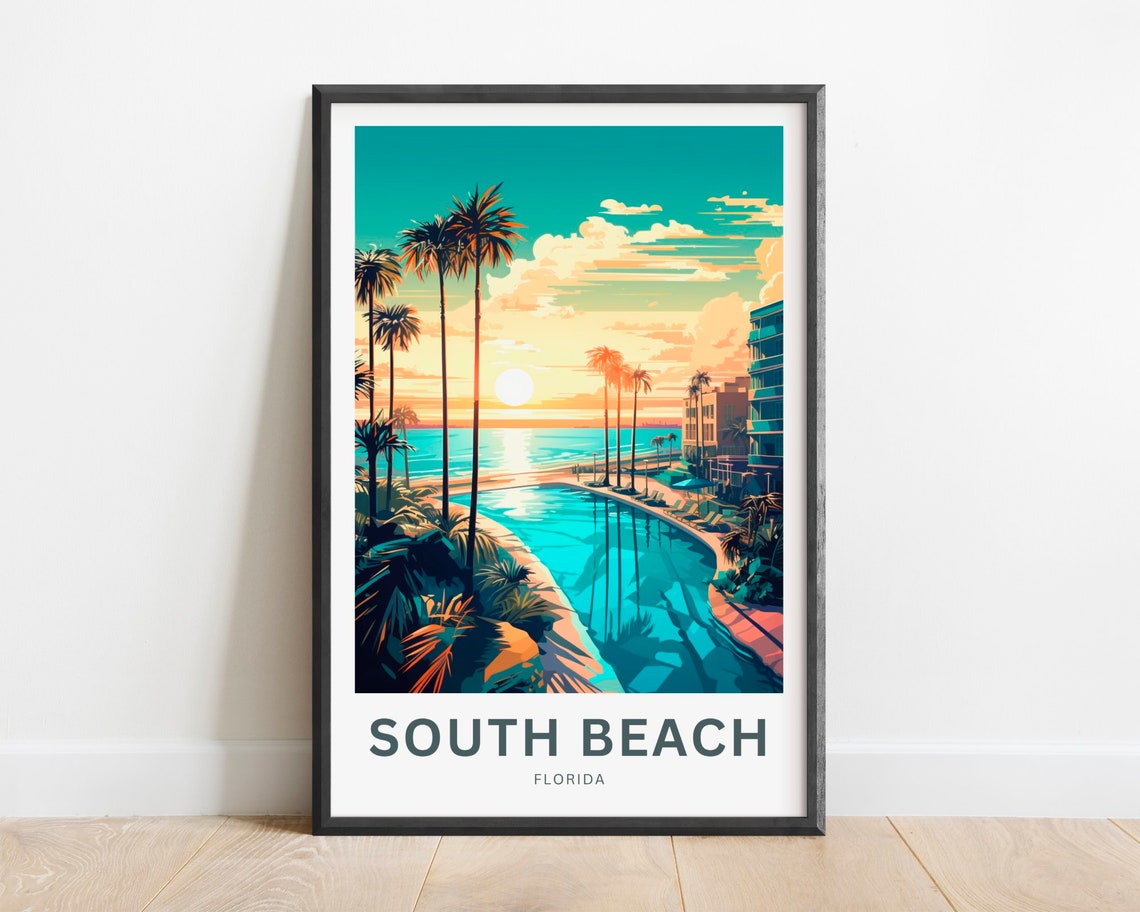 South Beach Florida Sunset Palm Trees Shoreline Resort Travel Poster