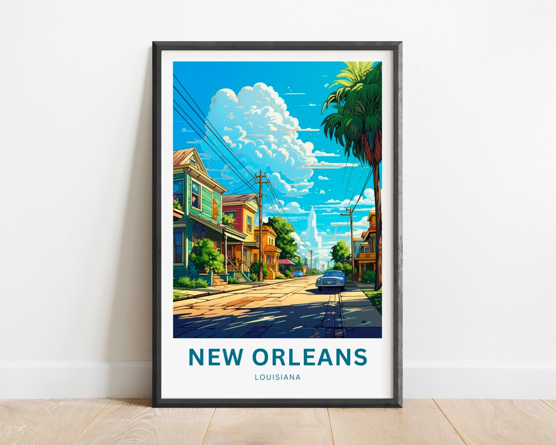 New Orleans Louisiana Palm Street Classic Car Blue Sky Poster