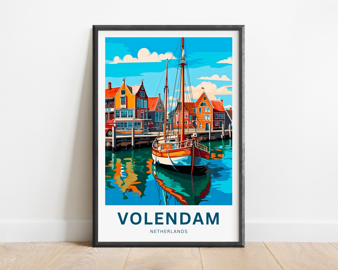 Volendam Netherlands Harbor Sailboat Vintage Dutch Travel Poster Art
