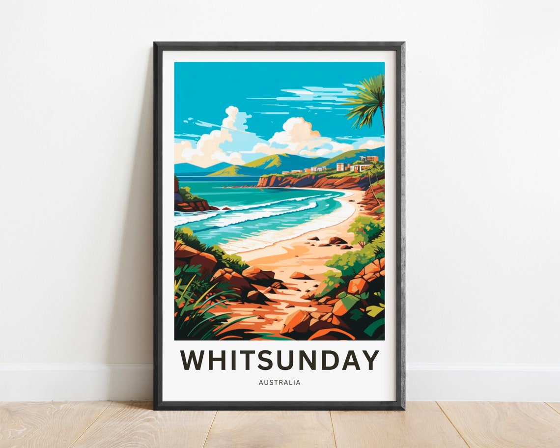 Whitsunday Australia White Sand Beach Rocky Coast Travel Poster