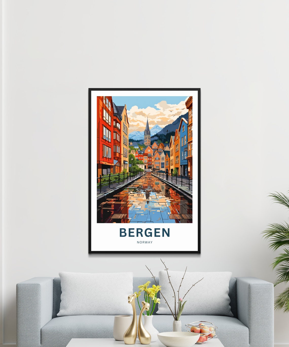 Personalized Bergen Norway Rainy Cobblestone Street Scene Poster - Image 3