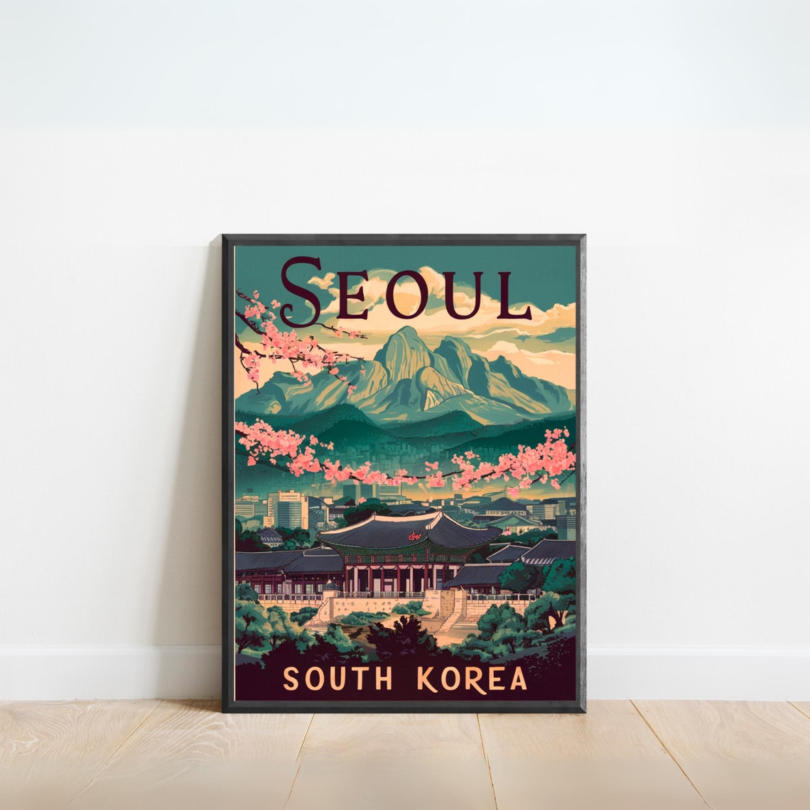Seoul South Korea Palace Mountain Cherry Blossom Travel Poster