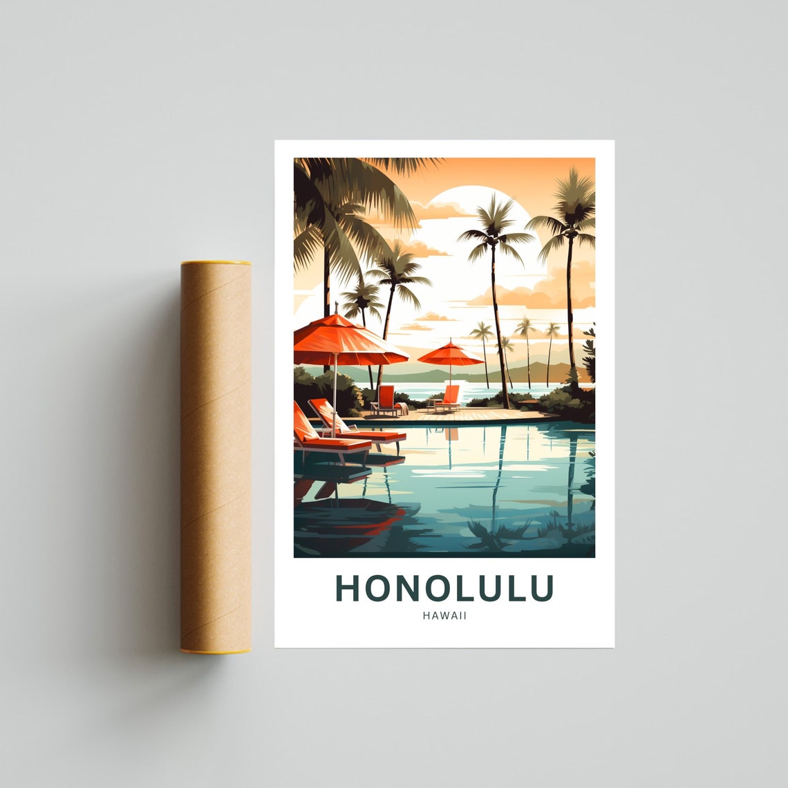 Honolulu Hawaii Resort Pool Palms Orange Umbrellas Sunset Poster - Image 4