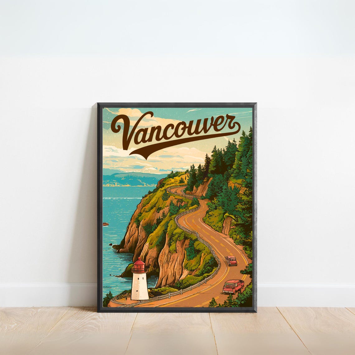 Vancouver Canada Coastal Cliff Road Lighthouse Retro Travel Poster