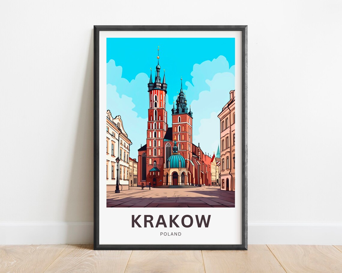 Krakow Poland Saint Marys Basilica Twin Towers Travel Poster