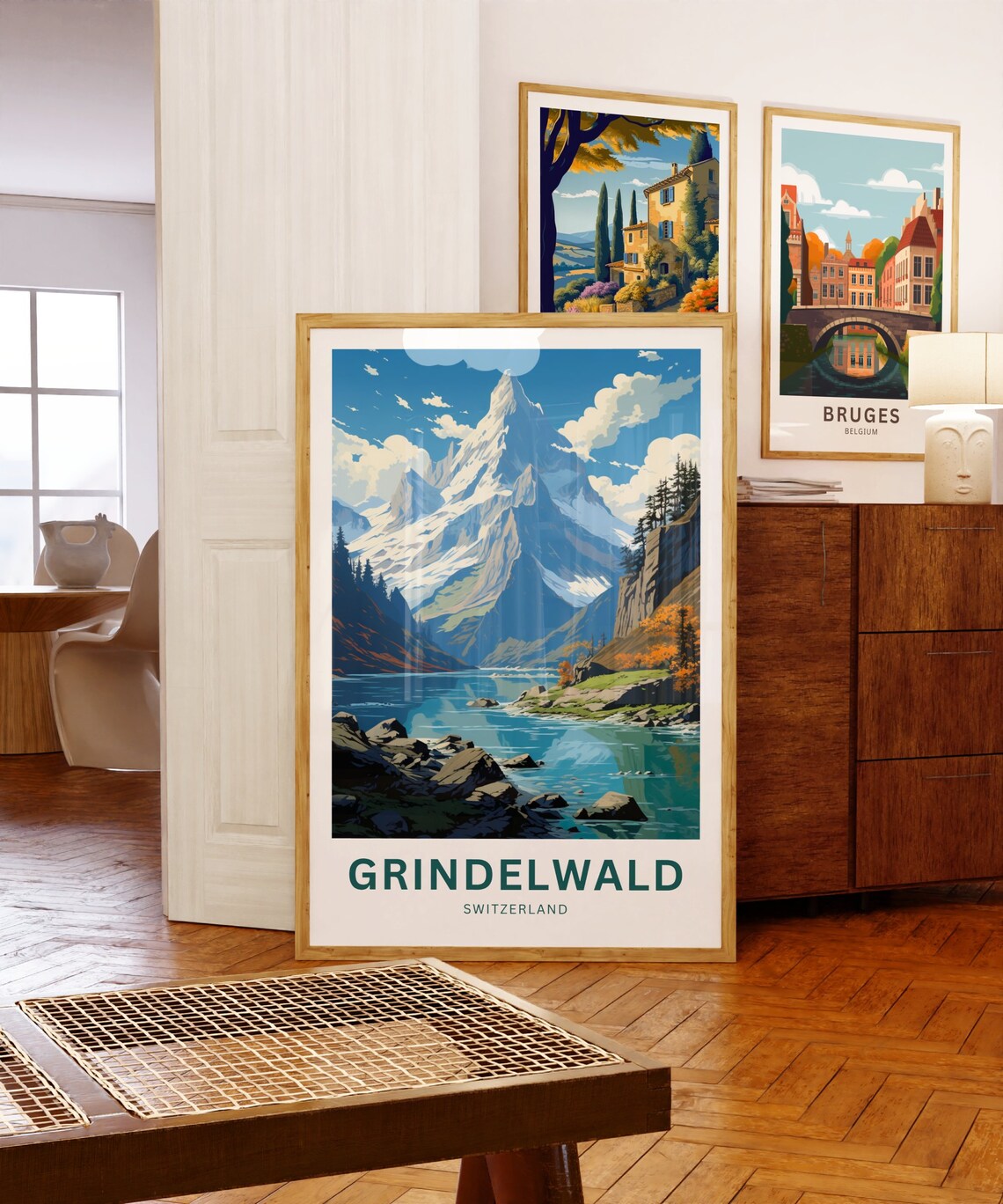 Grindelwald Switzerland Snowy Peak Above the Lake Travel Poster - Image 5