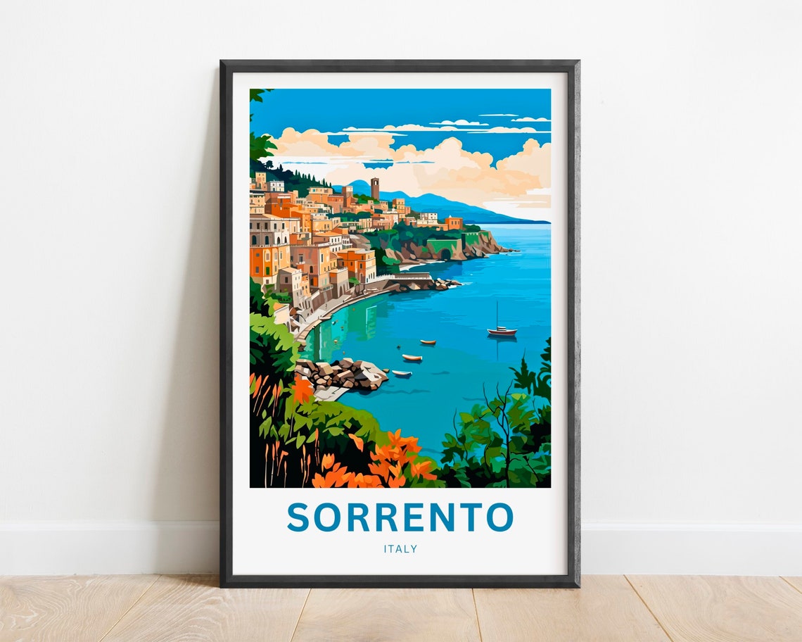 Sorrento Italy Curved Bay Marina Modern Colorful Coastal Art Poster