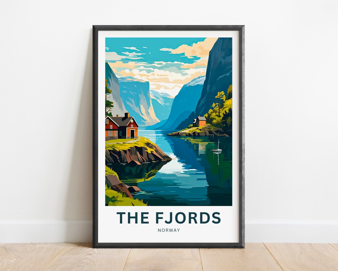 The Fjords Norway Red Cabins Shoreline Still Water Travel Poster