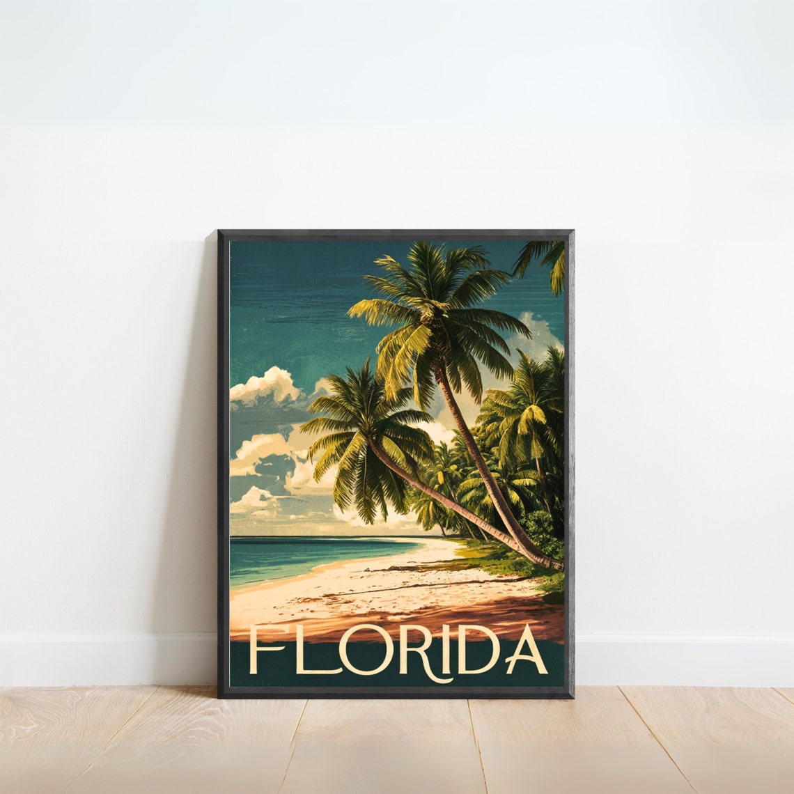 Florida Palm Trees Beach Shoreline Turquoise Sea Retro Travel Poster