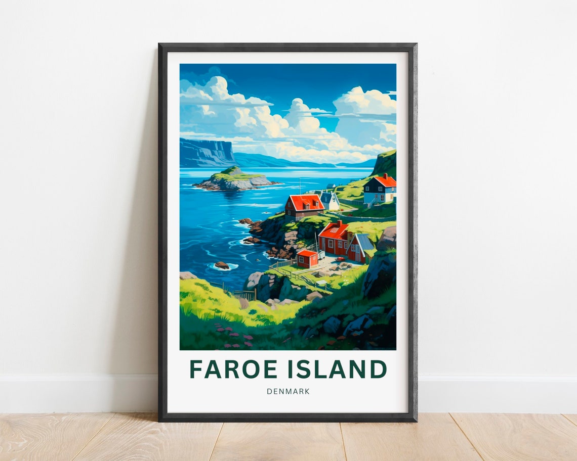 Faroe Island Denmark Seaside Village Cliffs Vintage Travel Poster