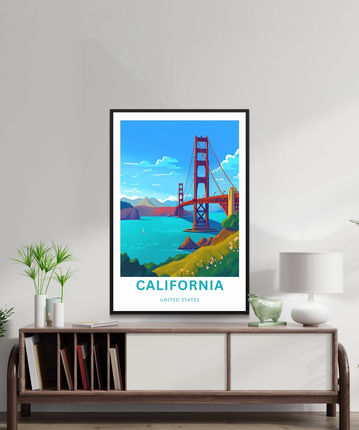 California Golden Gate Bridge Bay Hillside Sunset Travel Poster - Image 2