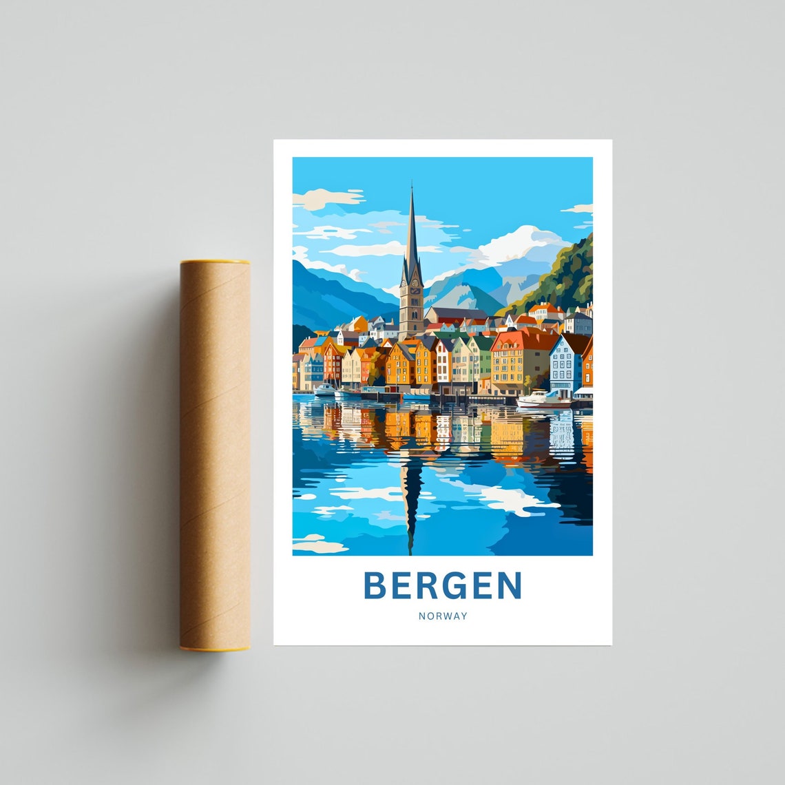 Bergen Norway Harbor Reflection Panorama Spire Mountain Travel Poster - Image 4