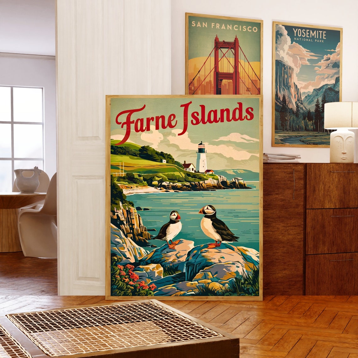 Farne Islands Vintage Lighthouse Seabirds Retro Travel Poster - Image 5