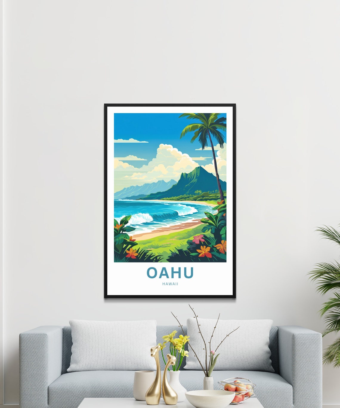 Oahu Hawaii Tropical Beach Palm Trees Mountain Waves View Poster - Image 2