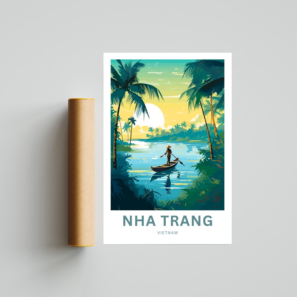 Nha Trang Vietnam Fisherman Canoe Sunset River Palm Travel Poster - Image 4