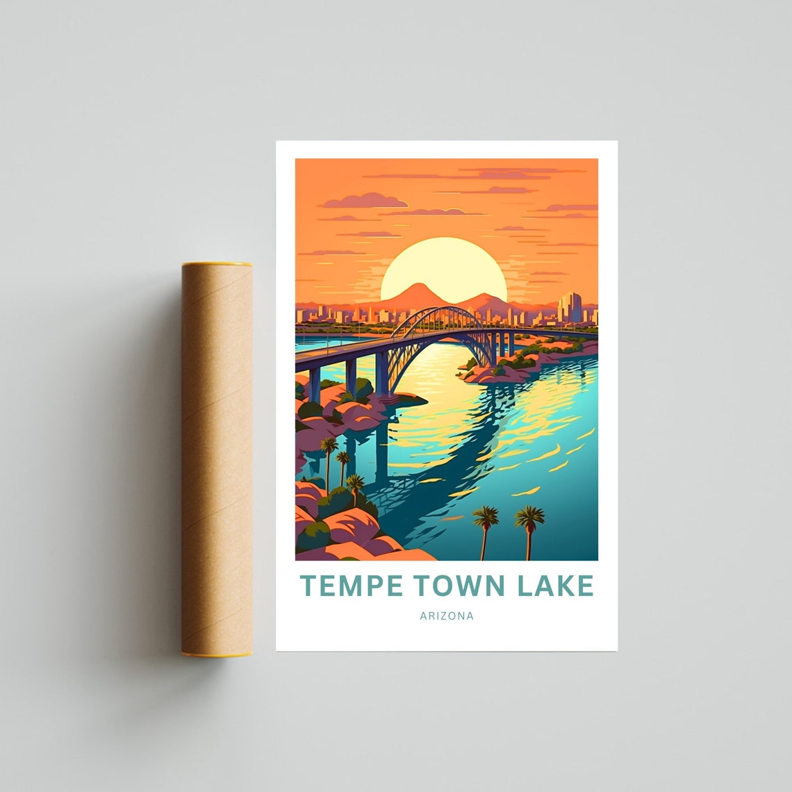 Tempe Town Lake Arizona Sunset Skyline Bridge Evening Travel Poster - Image 4