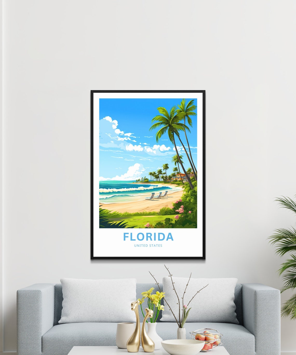 Florida Beach Travel Poster Lounge Chairs Palm Trees Waves Art - Image 3