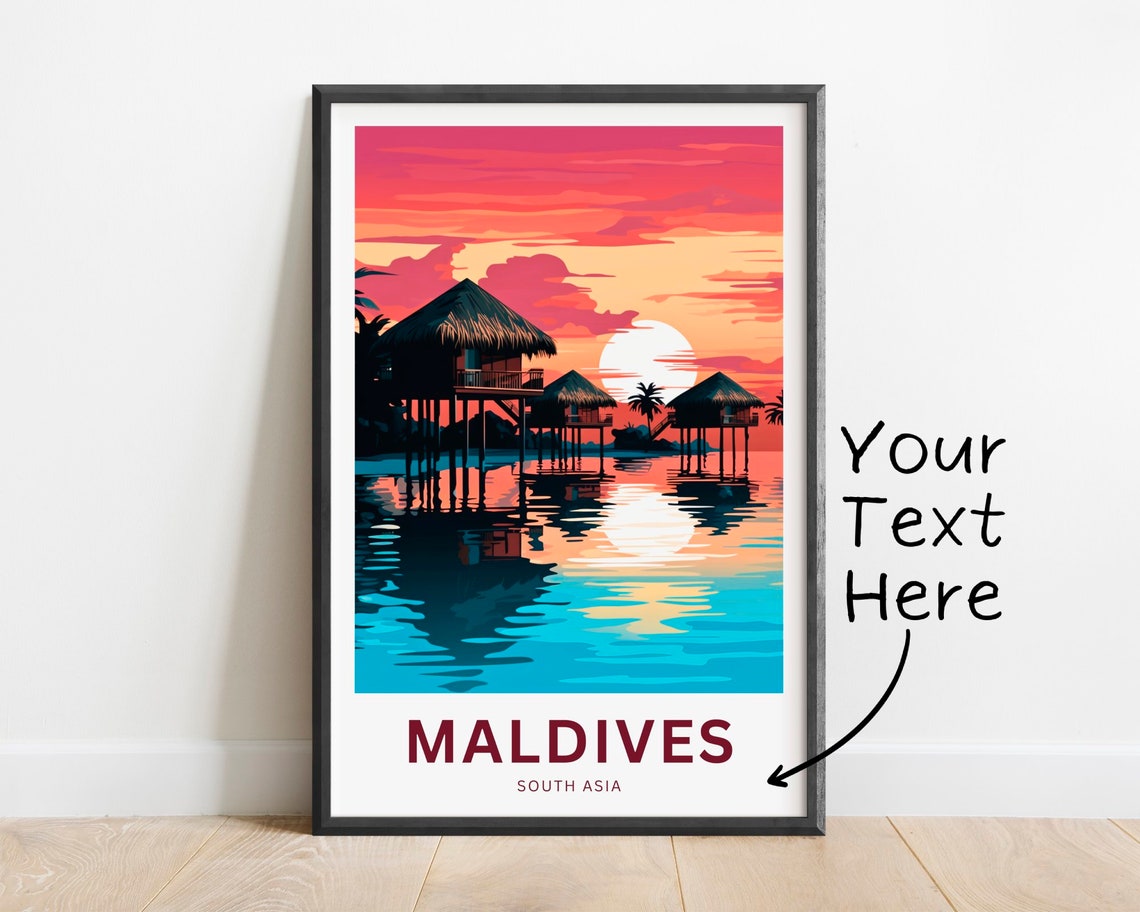 Maldives Overwater Bungalows Tropical Sunset Lagoon Scene Poster - Image 3